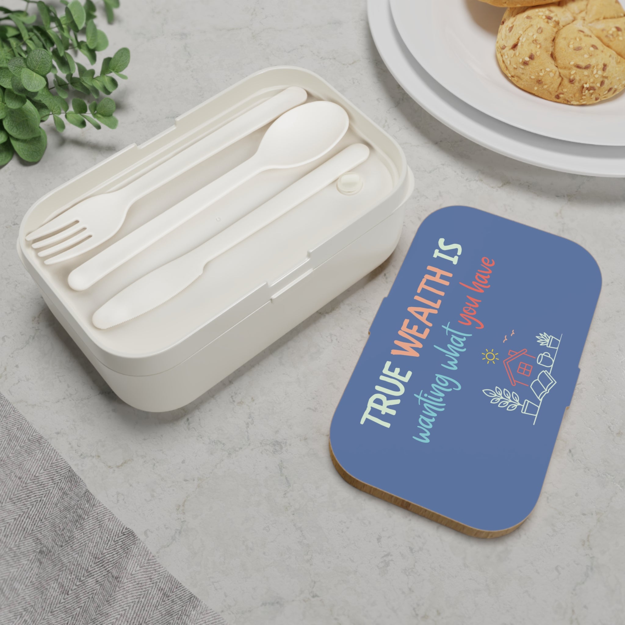 Bento Lunch Box — "True Wealth Is Wanting What You Have" Inspirational Meal Container